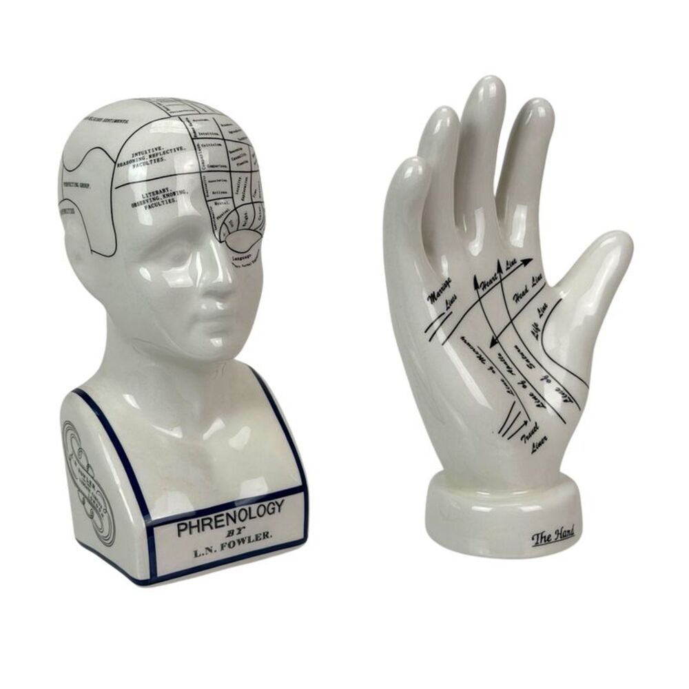 Zeckos Ceramic Phrenology Head and Palmistry Hand Figurines Set White
